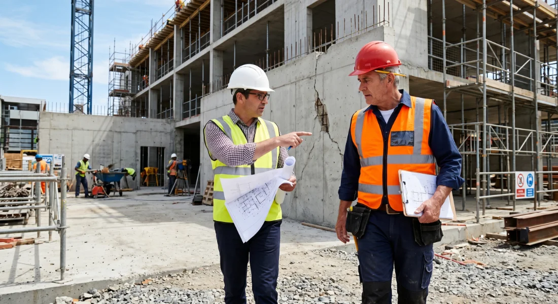Bauleiter und Architekt besprechen einen Mangel gemeinsam auf der Baustelle