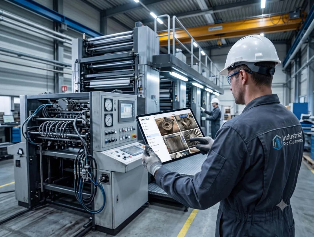 Mitarbeiter dokumentiert eine Großmaschine beim Kunden mit der ImmIQ-App auf dem Tablet