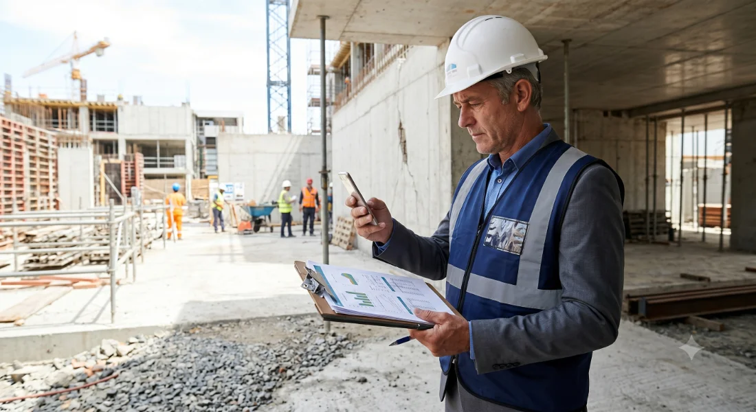 Sachverständiger bei der Begehung auf der Baustelle – Befunde live per Smartphone und Klemmbrett